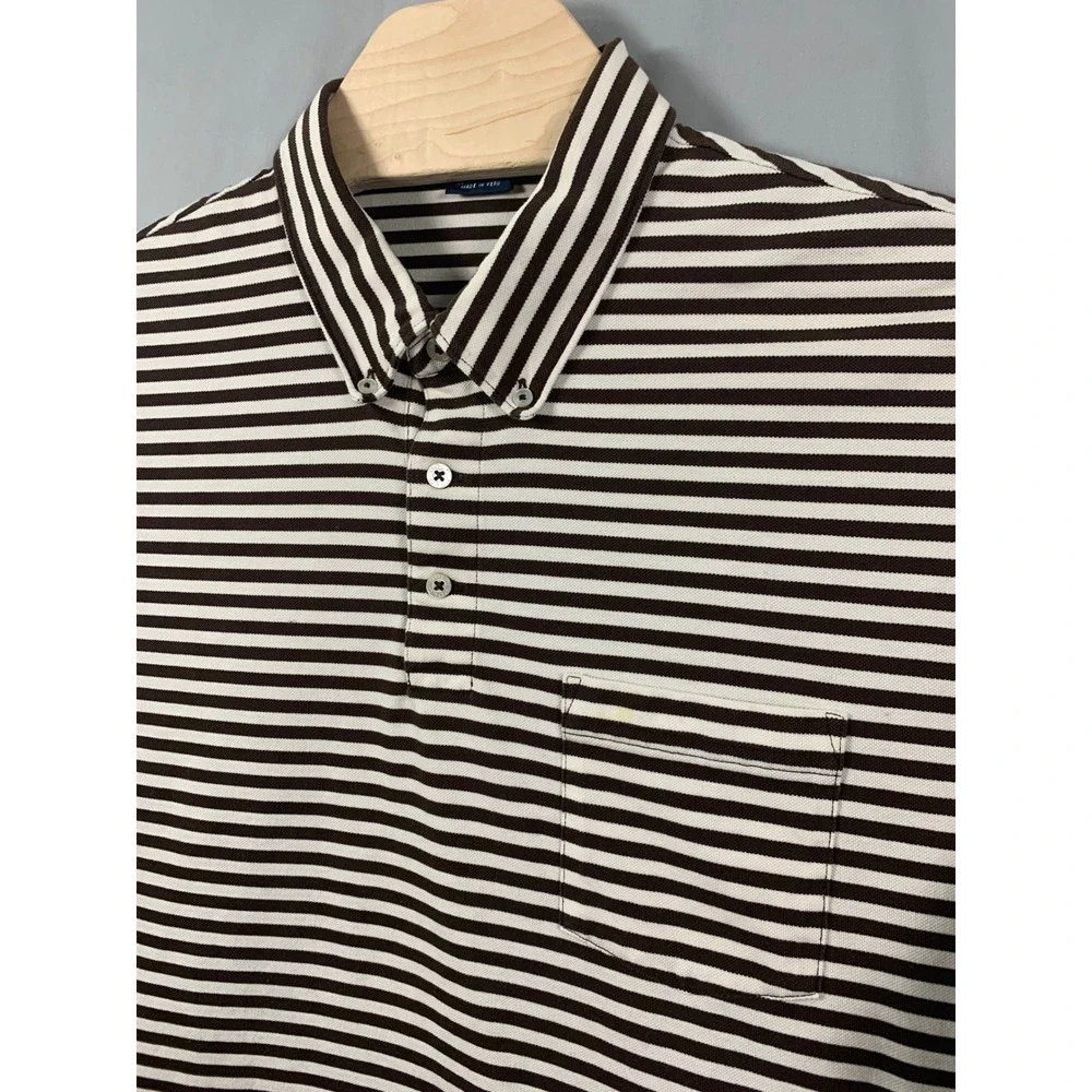 Ralph Lauren Mens XXL Pima Cotton Striped Polo Shirt Brown White Button Down